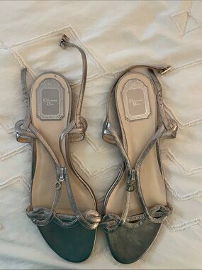 Dior Silver Metallic Strappy Flat Sandals